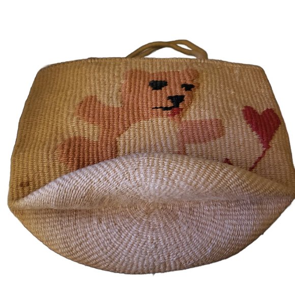 Woven Jute Tote Bag with Teddy Bear Chasing Heart Balloon Embroidery - Picture 5 of 6